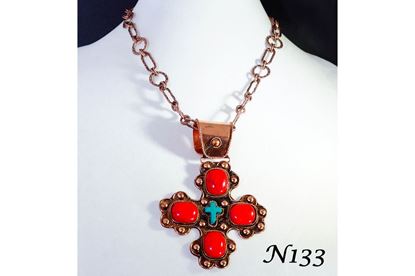 Gigantic Copper Cross Choker Necklace w/Red Acrylic Squares & Turquoise Cross