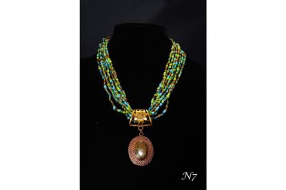 Green & Turquoise Seed Bead Multi-Strand Necklace & Copper Brown Jasper Cabochon