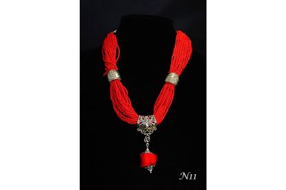 Red Seed Bead Multi-Strand Necklace & Silver Metal Bail, Red Coral Pendant