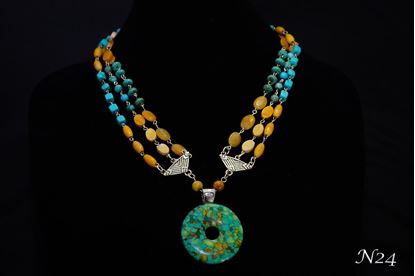 Turquoise Speck Donut & 3 Layered Yellow & Turquoise Jasper Pendant Necklace