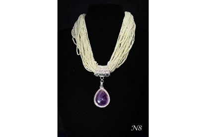 White Seed Bead Multi-Strand Necklace & Amethyst Pendant