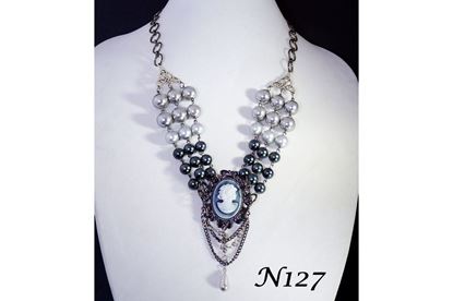 Vintage Cameo Grey Pearl Statement Necklace