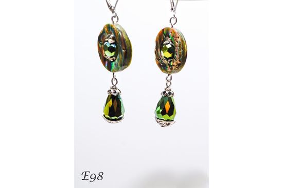 Abalone & Green Glass Teardrop Handmade Crystal Dangle Earrings